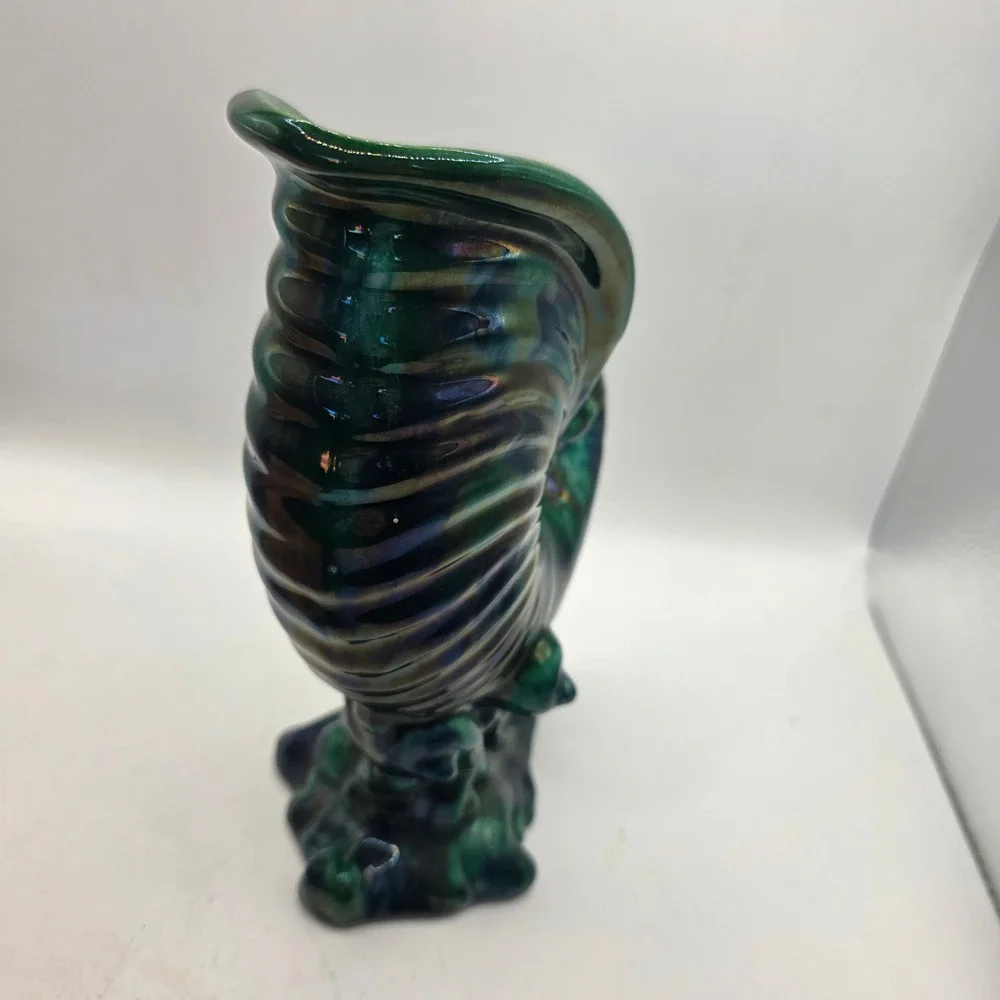 Vintage Iridescent Green Nautilus Shell Vase Ceramic Luster Coastal Art Pottery